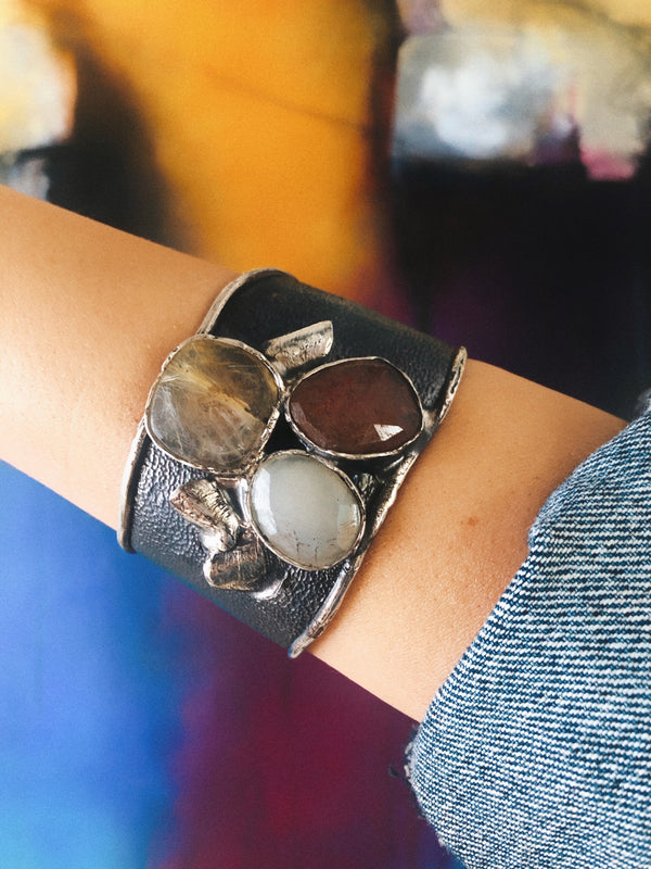 THREE NATURAL STONE SILVER BRACELET